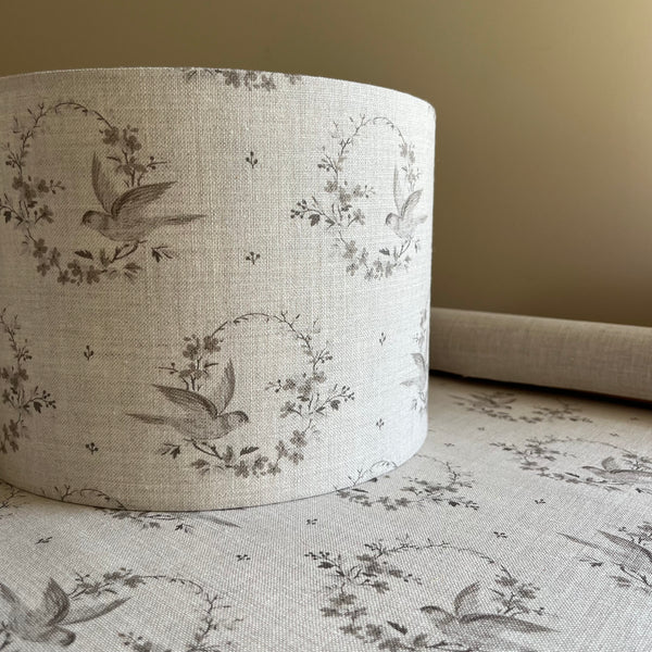 Small Birdsong in Belgian Grey on Stone Linen Lampshade