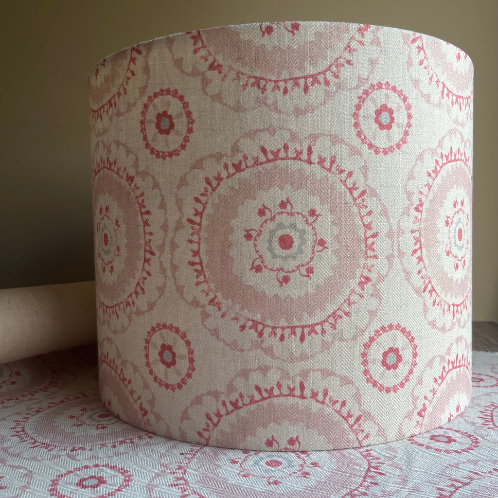 Peony & Sage Suzanni Sky and Pink on Cream Herringbone Linen Drum Lampshade