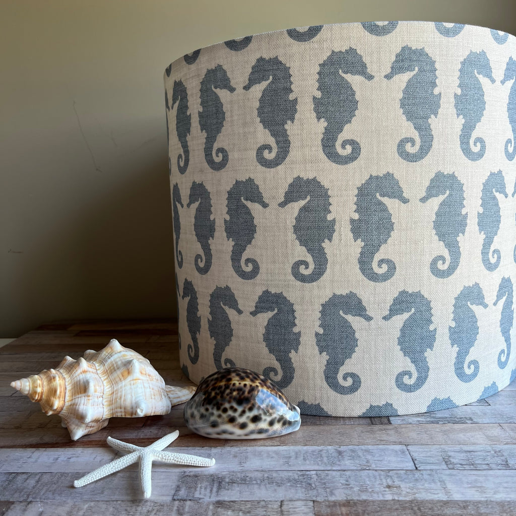 Seahorse Gustavian Blue Positive on Cream  Drum Lampshade