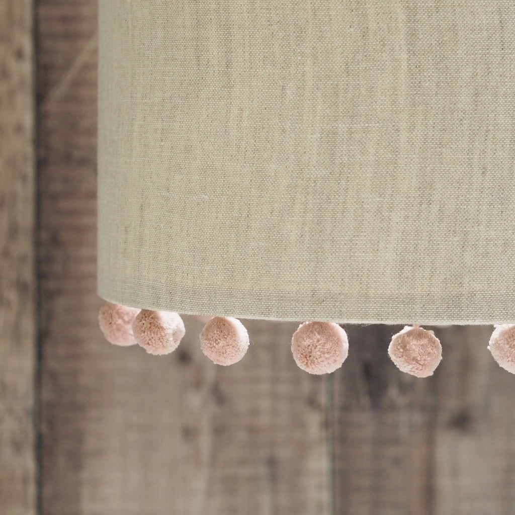 Natural Linen Pink Pom Pom Lampshade