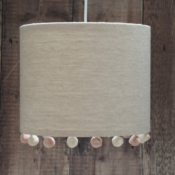 Natural Linen Pink & Ivory Pom Pom Lampshade