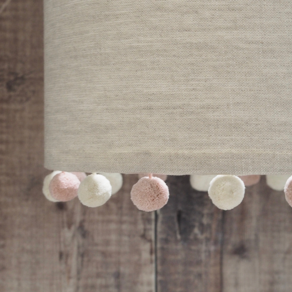 Natural Linen Pink & Ivory Pom Pom Lampshade