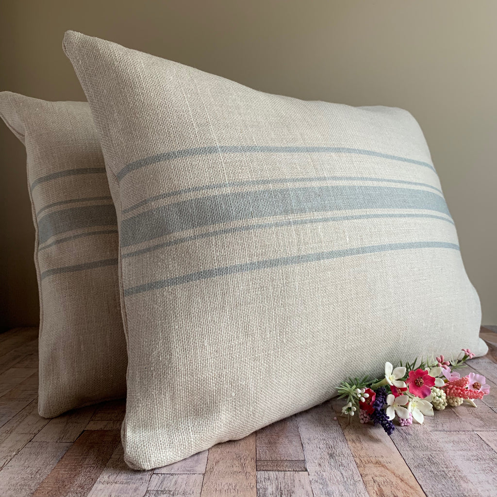 Peony and Sage Danish Stripe Cushion in Ribbon Blue